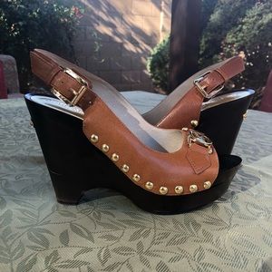 MICHAEL KORS brown leather wooden wedges